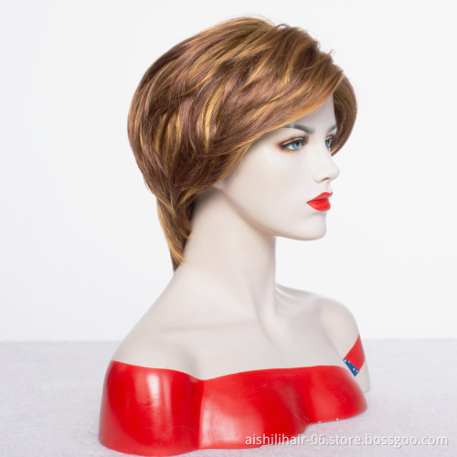 Wholesale natural  stort mix golden and  brown fibre synthetic hair wigs for women